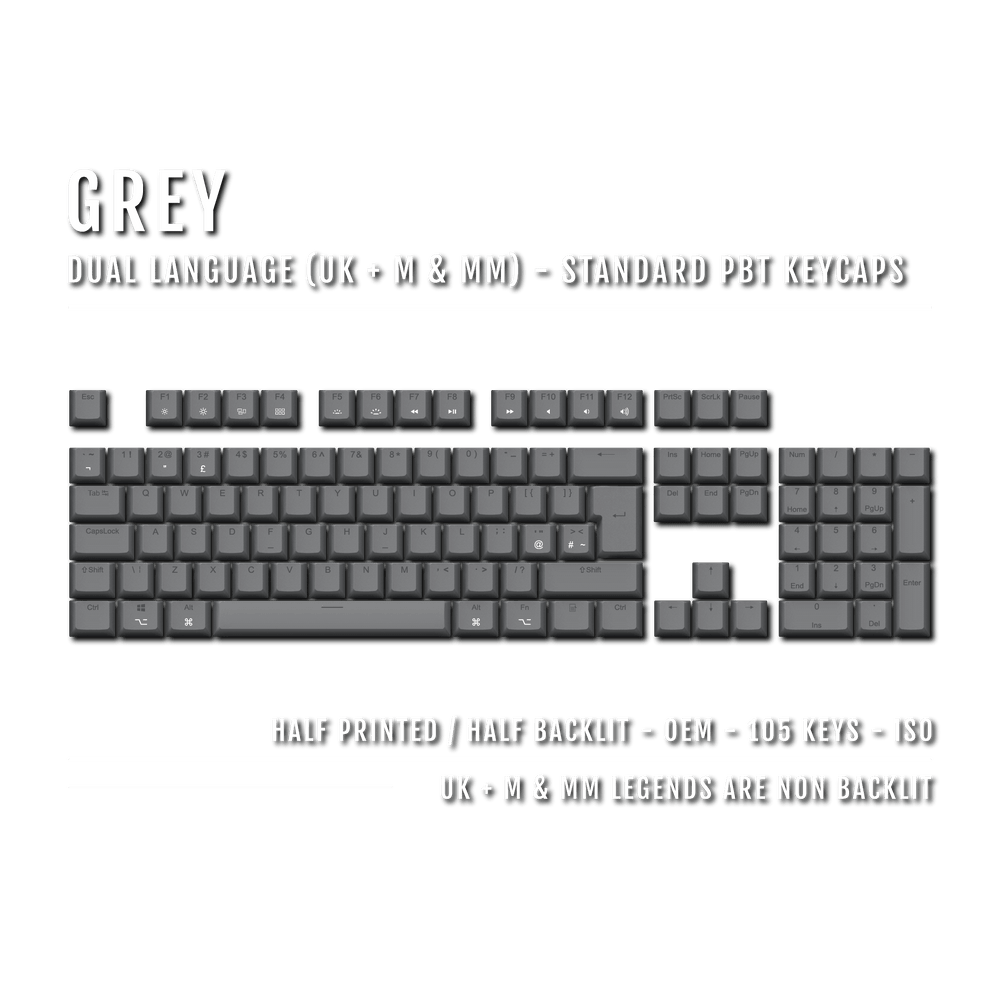 UK Grey PBT Mac & Multimedia Keycaps - 100% Size - Dual Language Keycaps - kromekeycaps