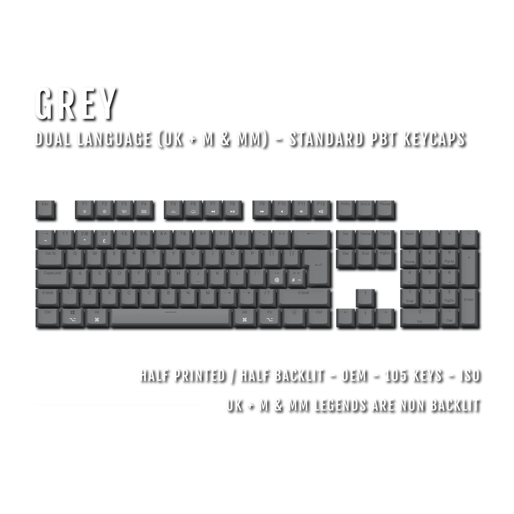 UK Grey PBT Mac & Multimedia Keycaps - 100% Size - Dual Language Keycaps - kromekeycaps