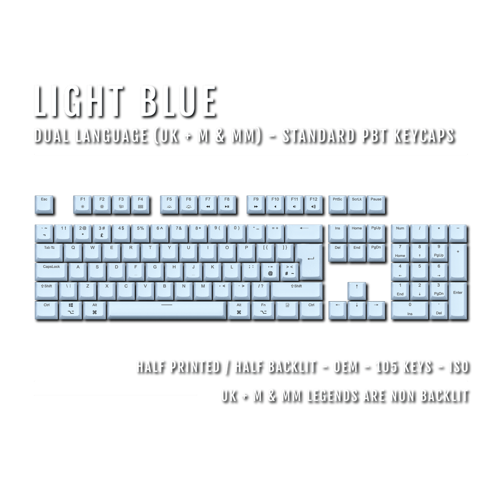 UK Light Blue PBT Mac & Multimedia Keycaps - 100% Size - Dual Language Keycaps - kromekeycaps