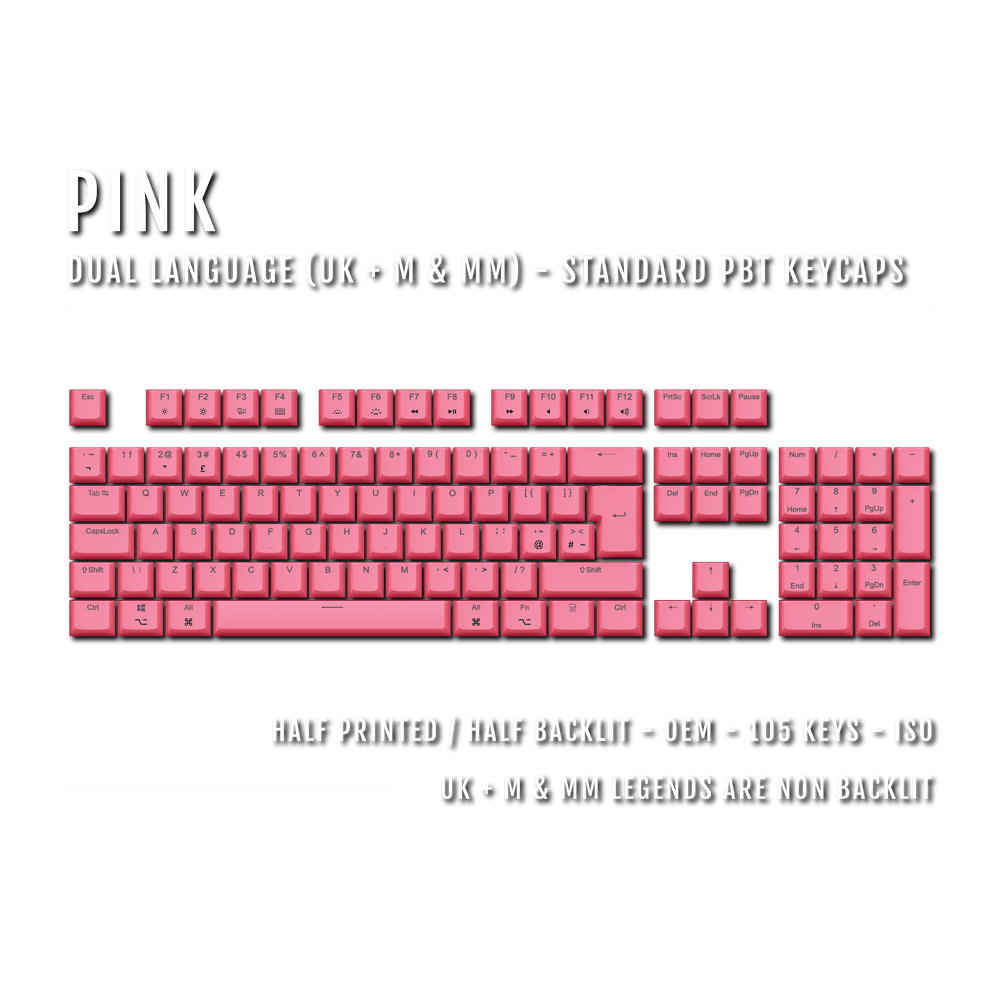 UK Pink PBT Mac & Multimedia Keycaps - 100% Size - Dual Language Keycaps - kromekeycaps