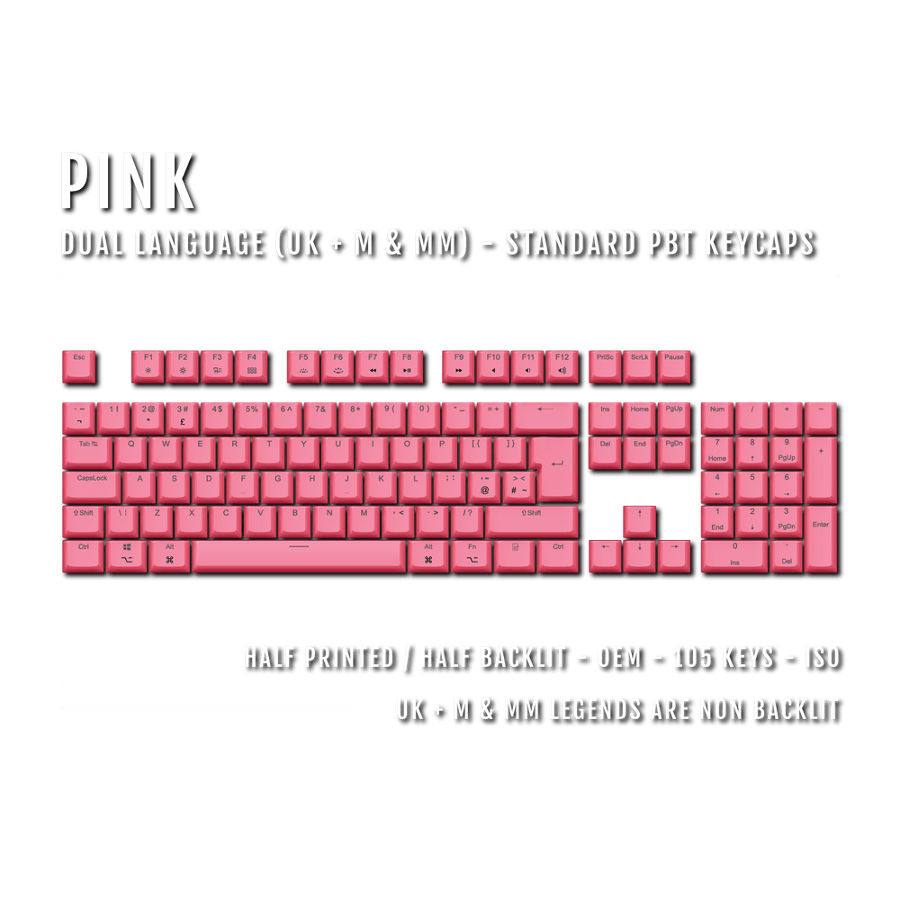 UK Pink PBT Mac & Multimedia Keycaps - 100% Size - Dual Language Keycaps - kromekeycaps