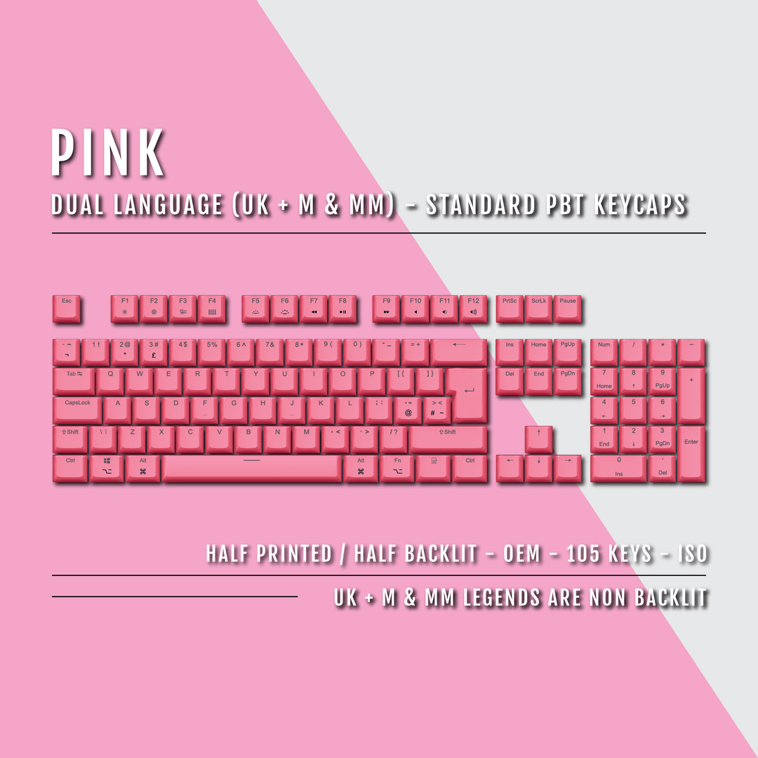 UK Pink PBT Mac & Multimedia Keycaps - 100% Size - Dual Language Keycaps - kromekeycaps