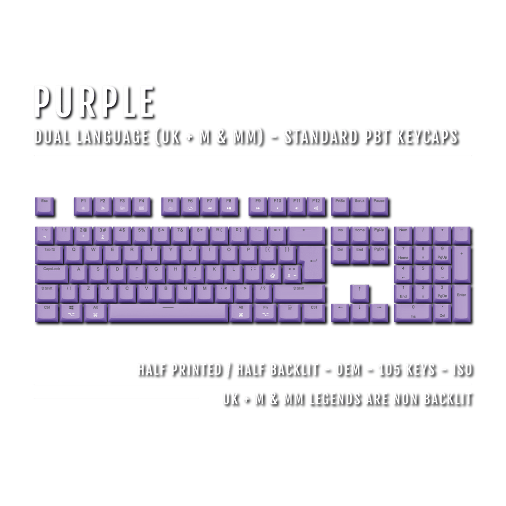 UK Purple PBT Mac & Multimedia Keycaps - 100% Size - Dual Language Keycaps - kromekeycaps