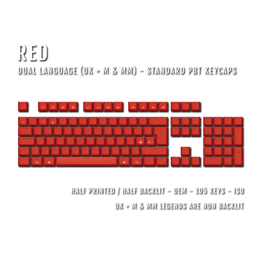 UK Red PBT Mac & Multimedia Keycaps - 100% Size - Dual Language Keycaps - kromekeycaps