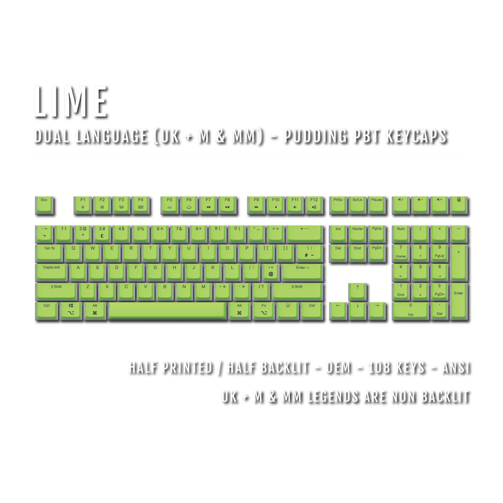 Lime UK & Mac/Multimedia Dual Language PBT Pudding Keycaps Krome Keycaps LTD Mac & Multimedia Pudding