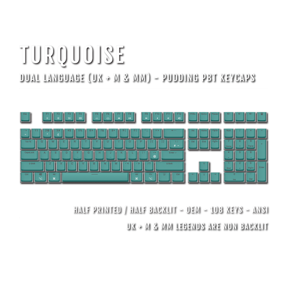 Turquoise UK & Mac/Multimedia Dual Language PBT Pudding Keycaps Krome Keycaps LTD Mac & Multimedia Pudding