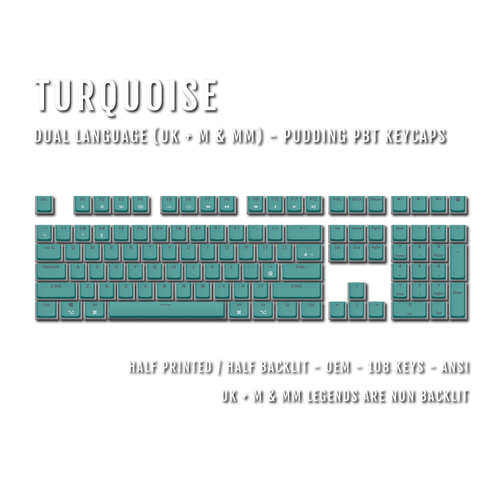 Turquoise UK & Mac/Multimedia Dual Language PBT Pudding Keycaps Krome Keycaps LTD Mac & Multimedia Pudding