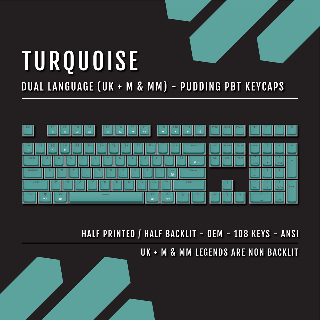 Turquoise UK & Mac/Multimedia Dual Language PBT Pudding Keycaps Krome Keycaps LTD Mac & Multimedia Pudding