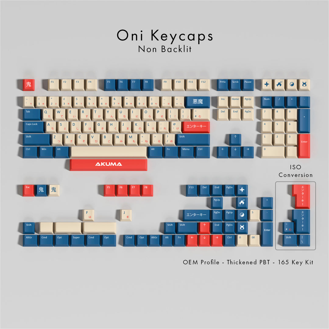 Oni PBT Keycaps layout with blue, red, and beige keys on a gray background