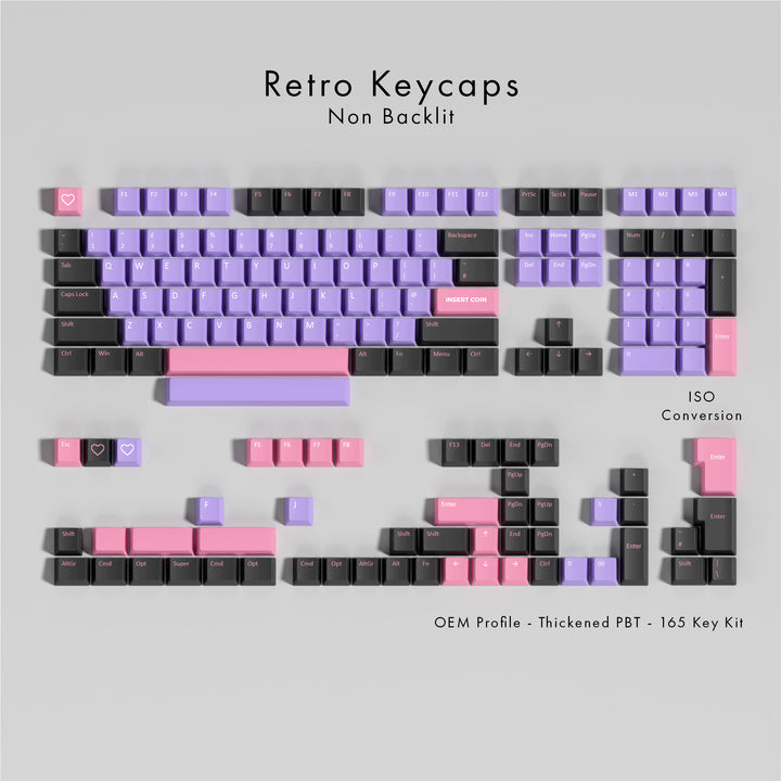 Retro keycaps set on a gray background with text indicating features.