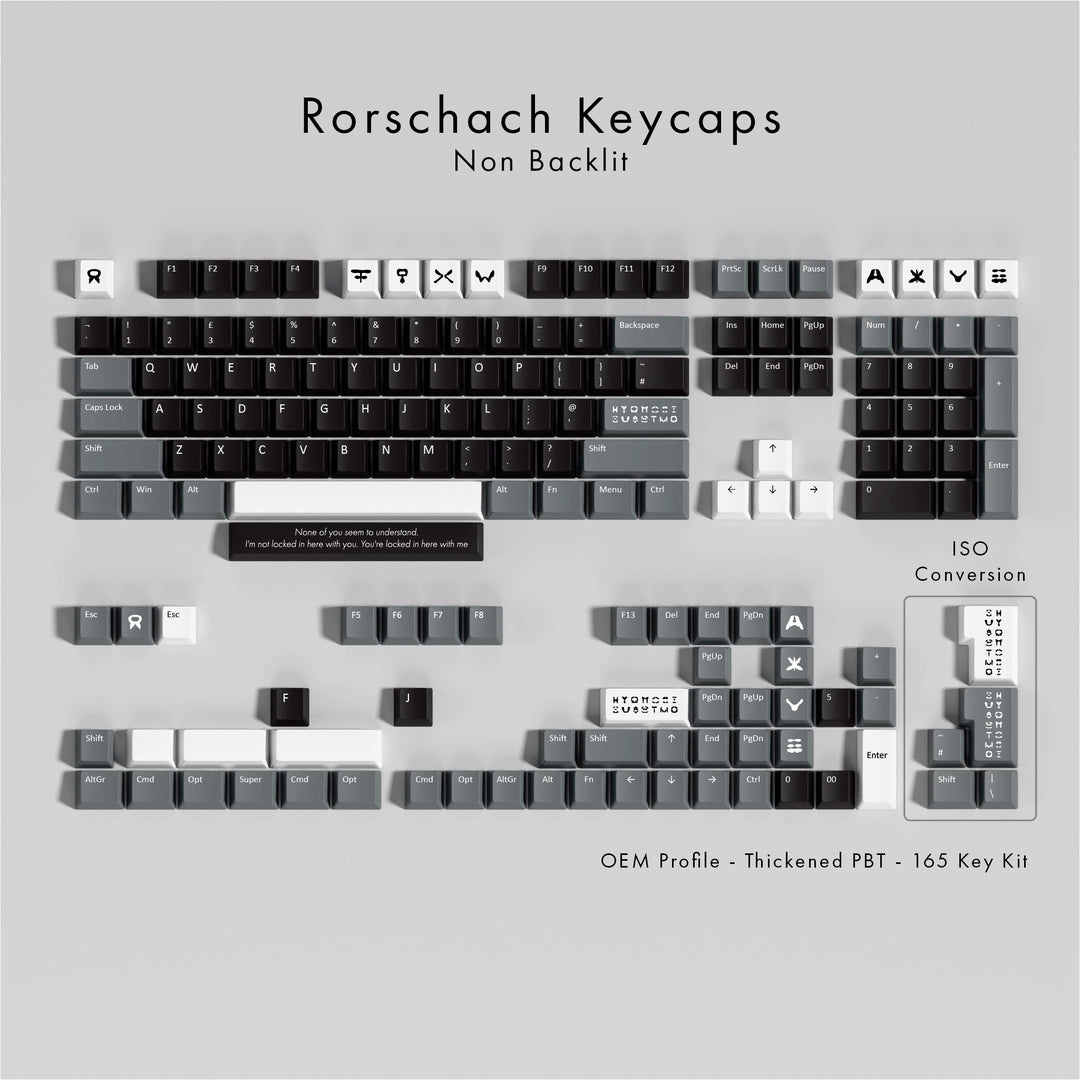 Rorschach keycaps set on a gray background with text indicating non-backlit and ISO conversion.