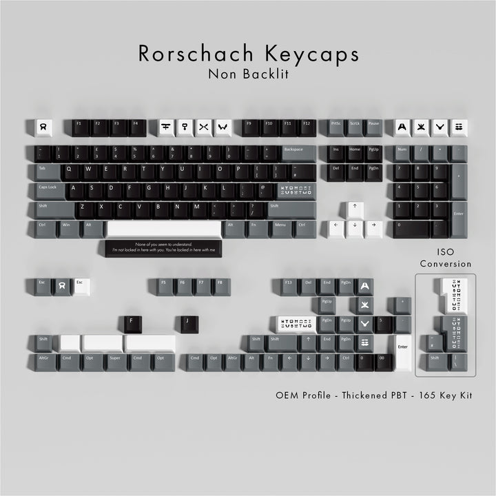 Rorschach keycaps set on a gray background with text indicating non-backlit and ISO conversion.