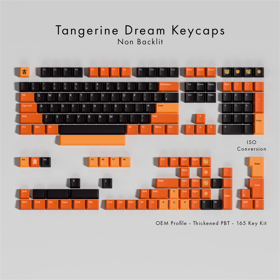 Tangerine Dream keycaps set on a gray background