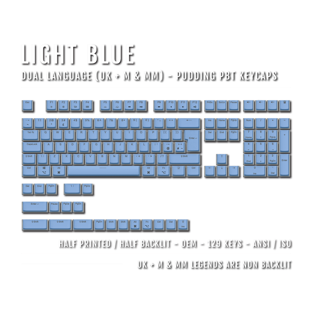 Light Blue UK & Mac/Multimedia Dual Language PBT Pudding Keycaps Krome Keycaps LTD Mac & Multimedia Pudding