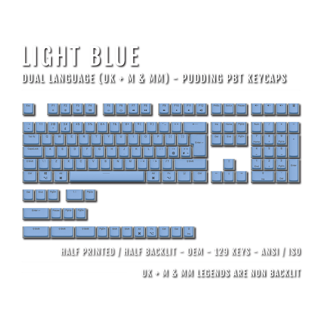 Light Blue UK & Mac/Multimedia Dual Language PBT Pudding Keycaps Krome Keycaps LTD Mac & Multimedia Pudding