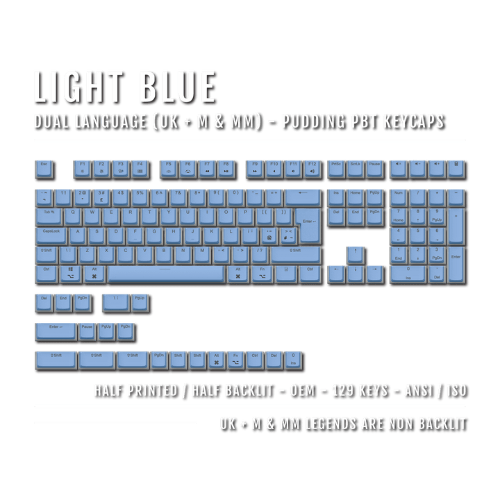 Light Blue UK & Mac/Multimedia Dual Language PBT Pudding Keycaps Krome Keycaps LTD Mac & Multimedia Pudding
