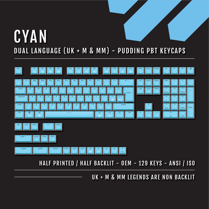 Cyan UK & Mac/Multimedia Dual Language PBT Pudding Keycaps Krome Keycaps LTD Mac & Multimedia Pudding