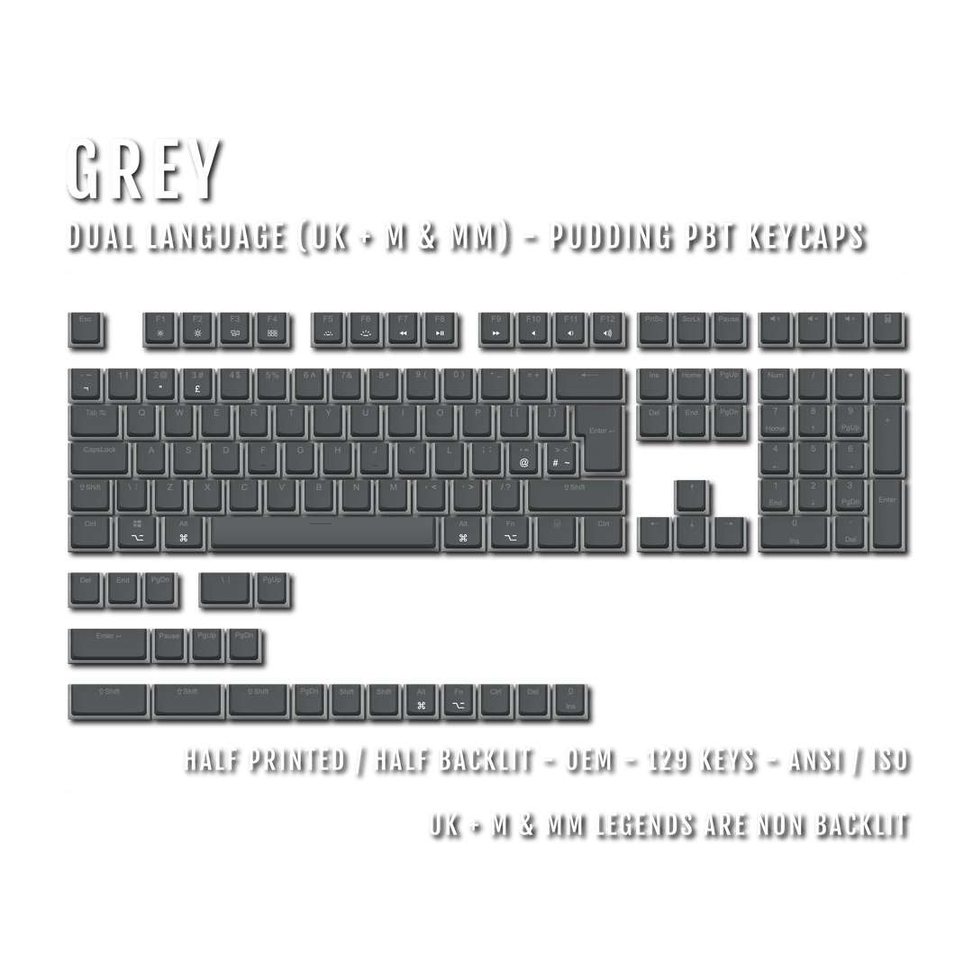 Grey UK & Mac/Multimedia Dual Language PBT Pudding Keycaps Krome Keycaps LTD Mac & Multimedia Pudding