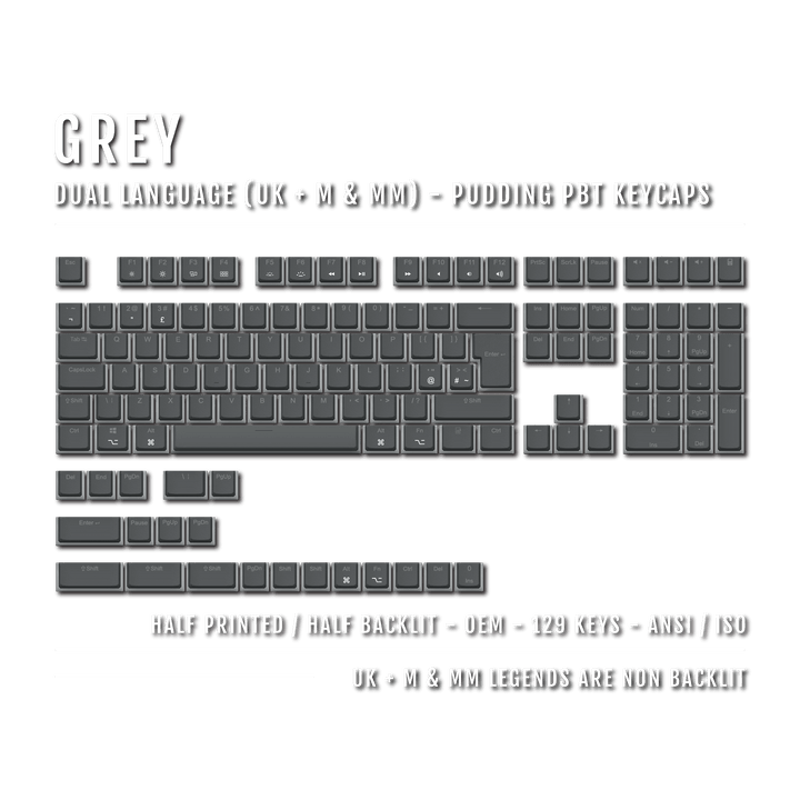 Grey UK & Mac/Multimedia Dual Language PBT Pudding Keycaps Krome Keycaps LTD Mac & Multimedia Pudding