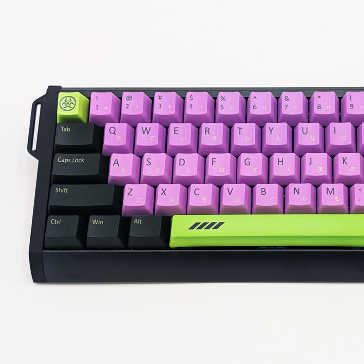 Close-up of VOID QWERTY PBT keycaps on a mechanical keyboard, featuring OEM profile keys with Grey, Purple and Green Keycaps