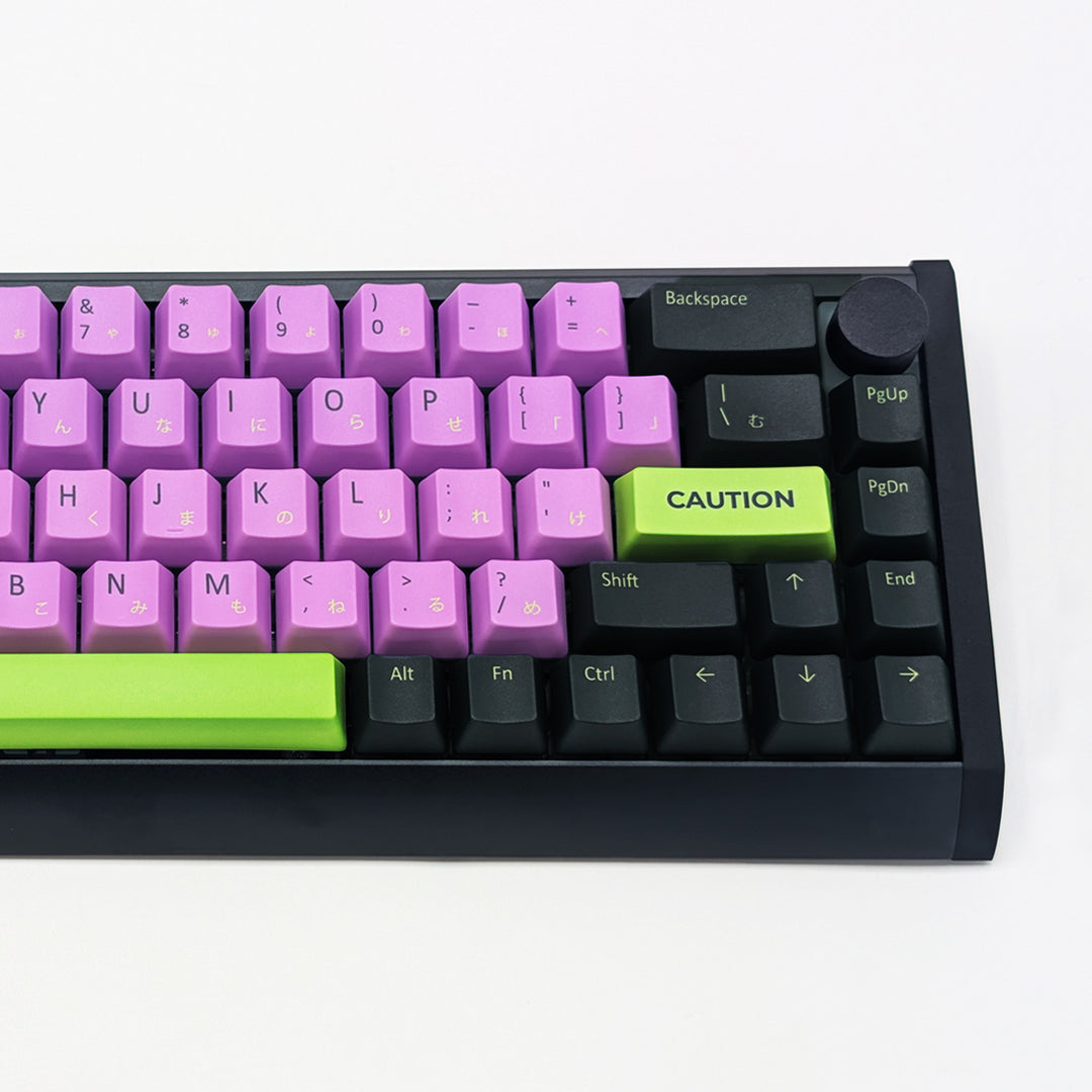 Close-up of VOID QWERTY PBT keycaps on a mechanical keyboard, featuring OEM profile keys with Grey, Purple and Green Keycaps