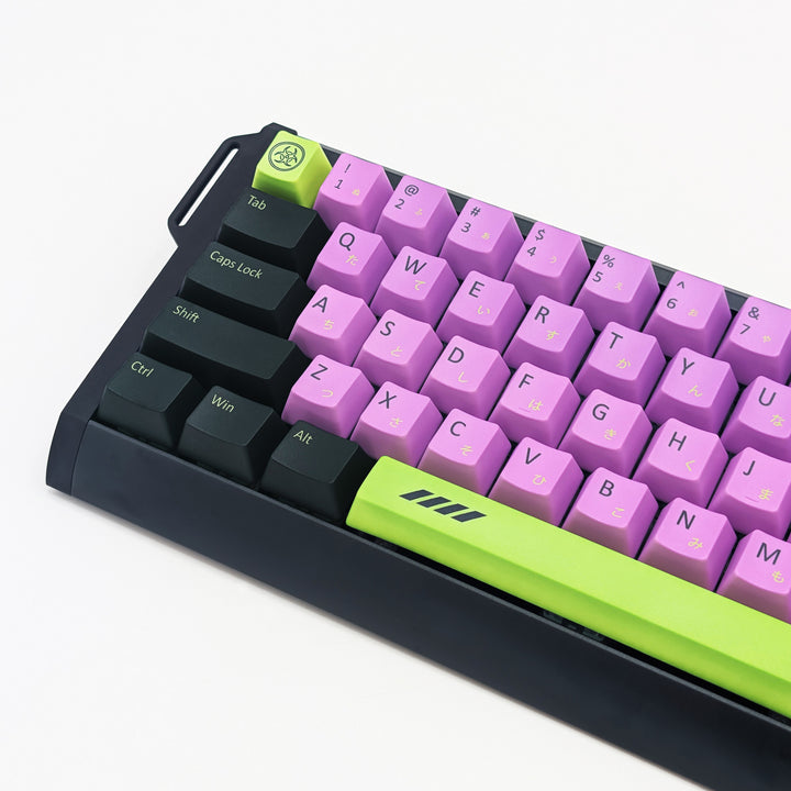 Side shot of VOID QWERTY PBT keycaps on a mechanical keyboard, featuring OEM profile keys with Grey, Purple and Green Keycaps