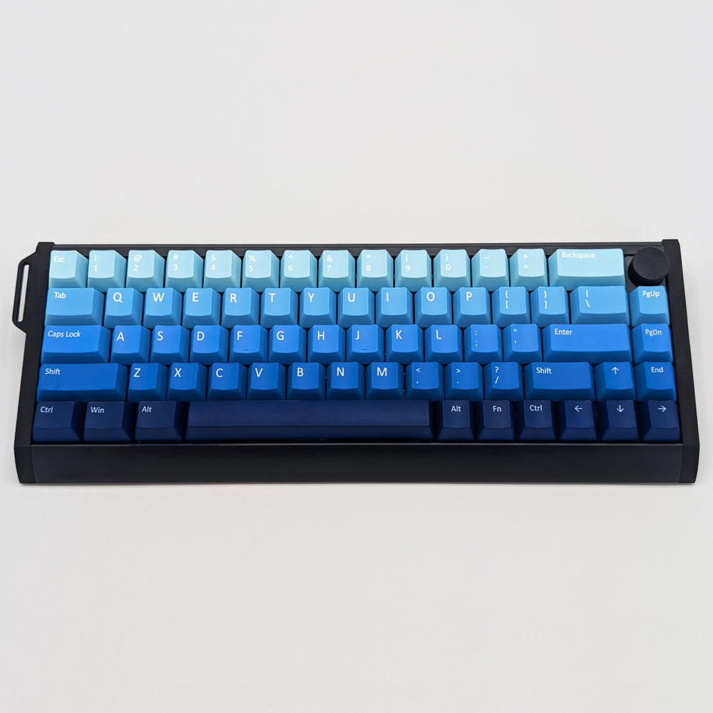 WATER QWERTY PBT keycaps on a mechanical keyboard, featuring OEM profile keys with Blue Gradient Colouring