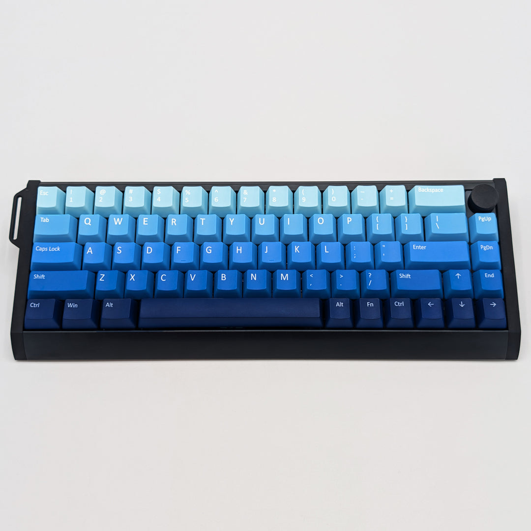 WATER QWERTY PBT keycaps on a mechanical keyboard, featuring OEM profile keys with Blue Gradient Colouring