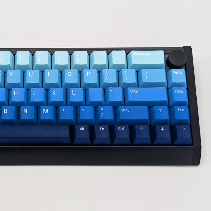 Close-up of WATER QWERTY PBT keycaps on a mechanical keyboard, featuring OEM profile keys with Blue Gradient Colouring