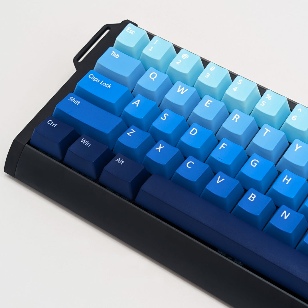 Side shot of WATER QWERTY PBT keycaps on a mechanical keyboard, featuring OEM profile keys with Blue Gradient Colouring