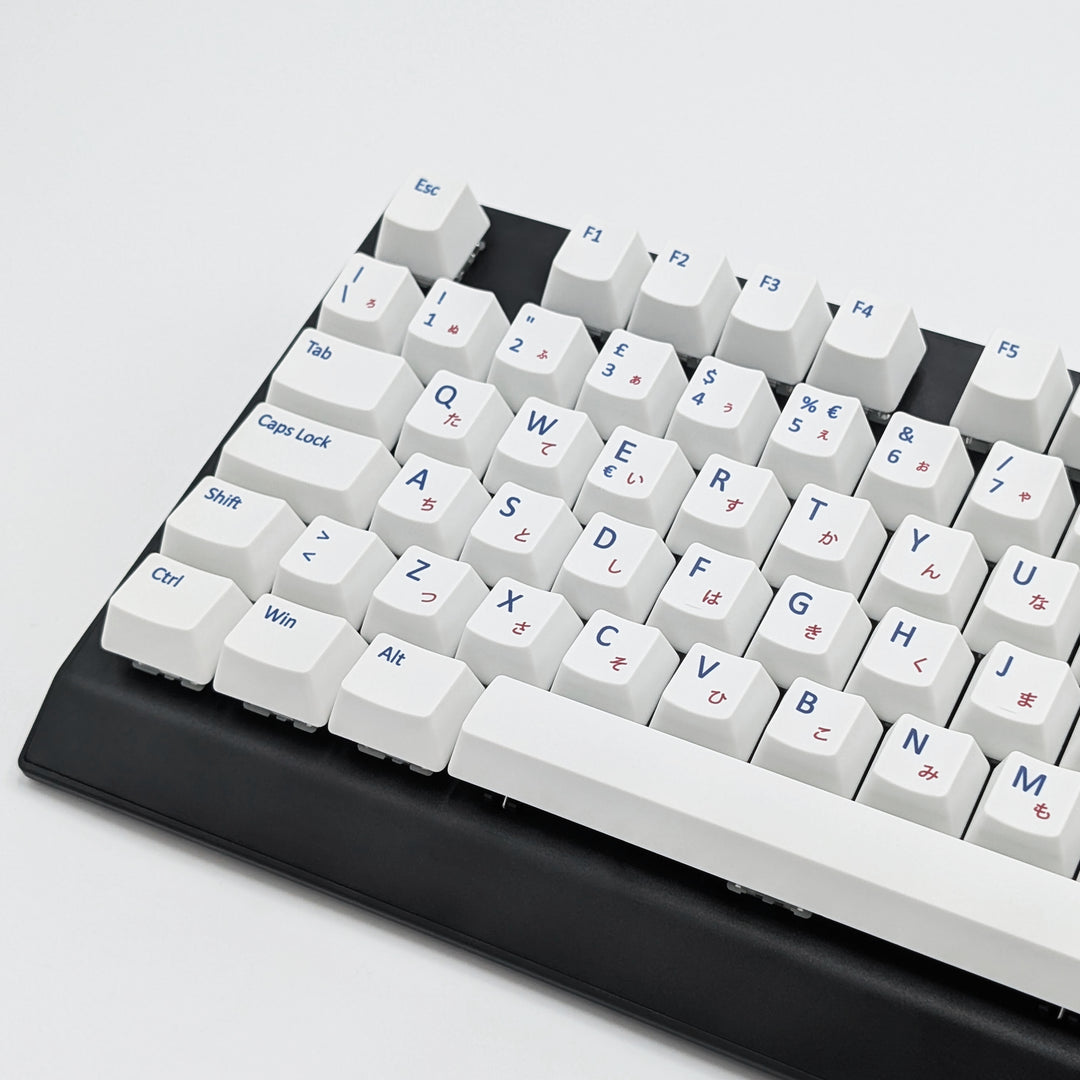 Close-up of white PBT keycaps with blue and red legends, non-backlit ISO-compatible QWERTY OEM profile keys with matte finish on a mechanical keyboard.