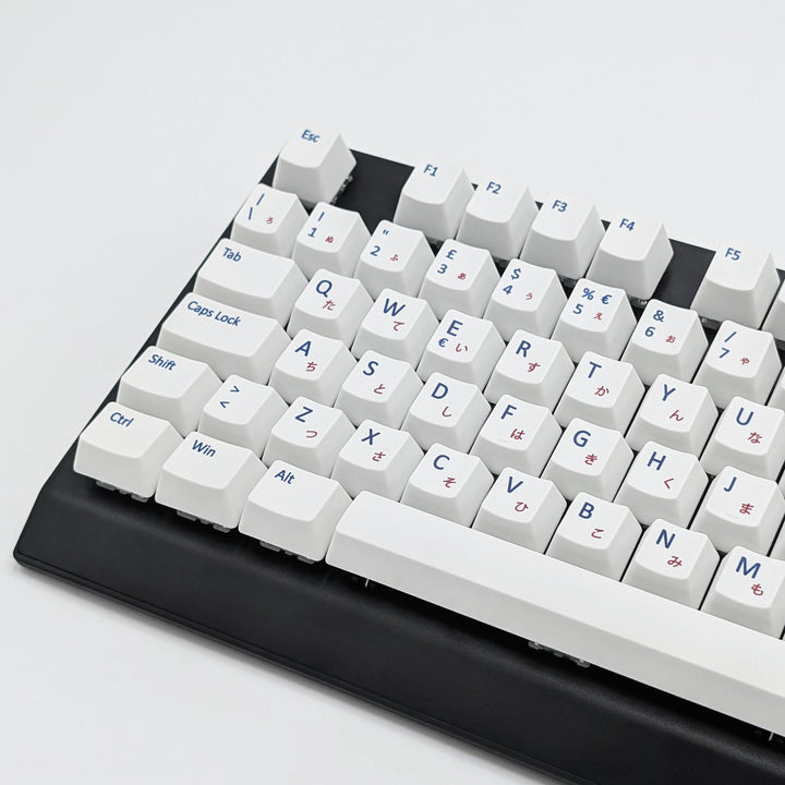 Close-up of white PBT keycaps with blue and red legends, non-backlit ISO-compatible QWERTY OEM profile keys with matte finish on a mechanical keyboard.