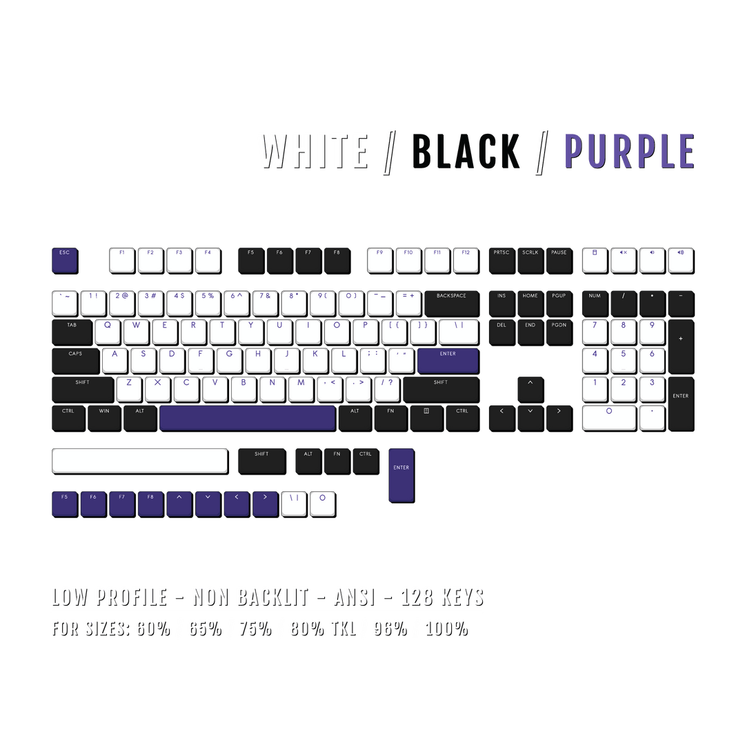 White/Black/Purple Low Profile PBT Keycaps Krome Keycaps LTD Non Backlit Low Profile