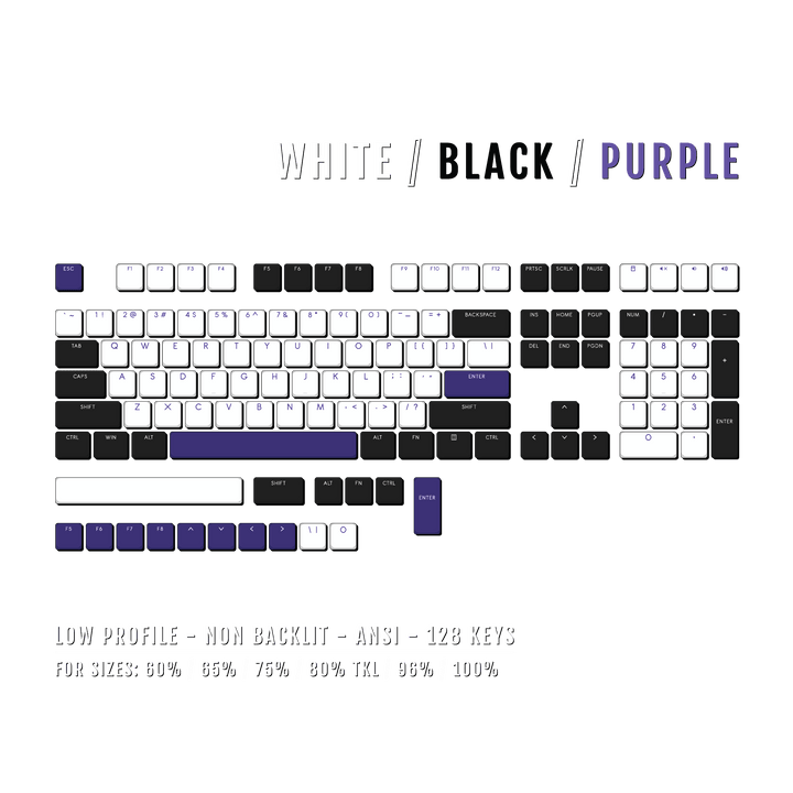 White/Black/Purple Low Profile PBT Keycaps Krome Keycaps LTD Non Backlit Low Profile