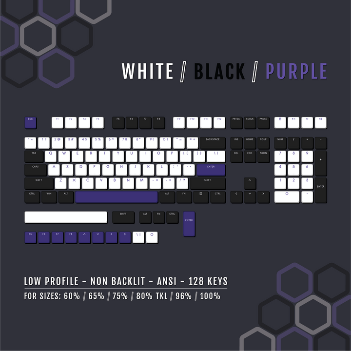 White/Black/Purple Low Profile PBT Keycaps Krome Keycaps LTD Non Backlit Low Profile