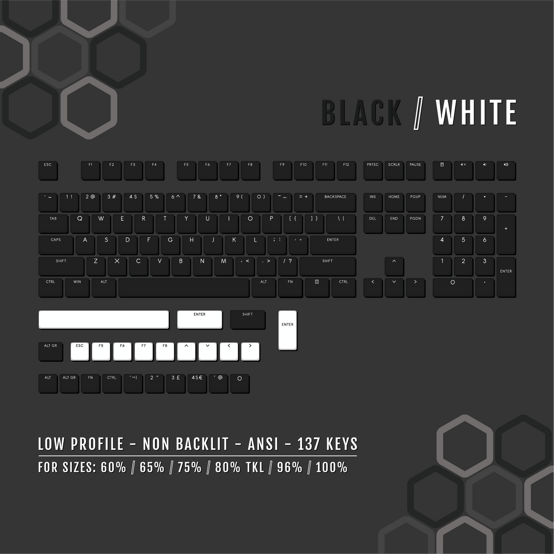 Black/White US & UK Low Profile PBT Keycaps Krome Keycaps LTD Non Backlit Low Profile