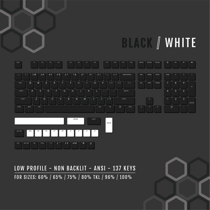 Black/White US & UK Low Profile PBT Keycaps Krome Keycaps LTD Non Backlit Low Profile