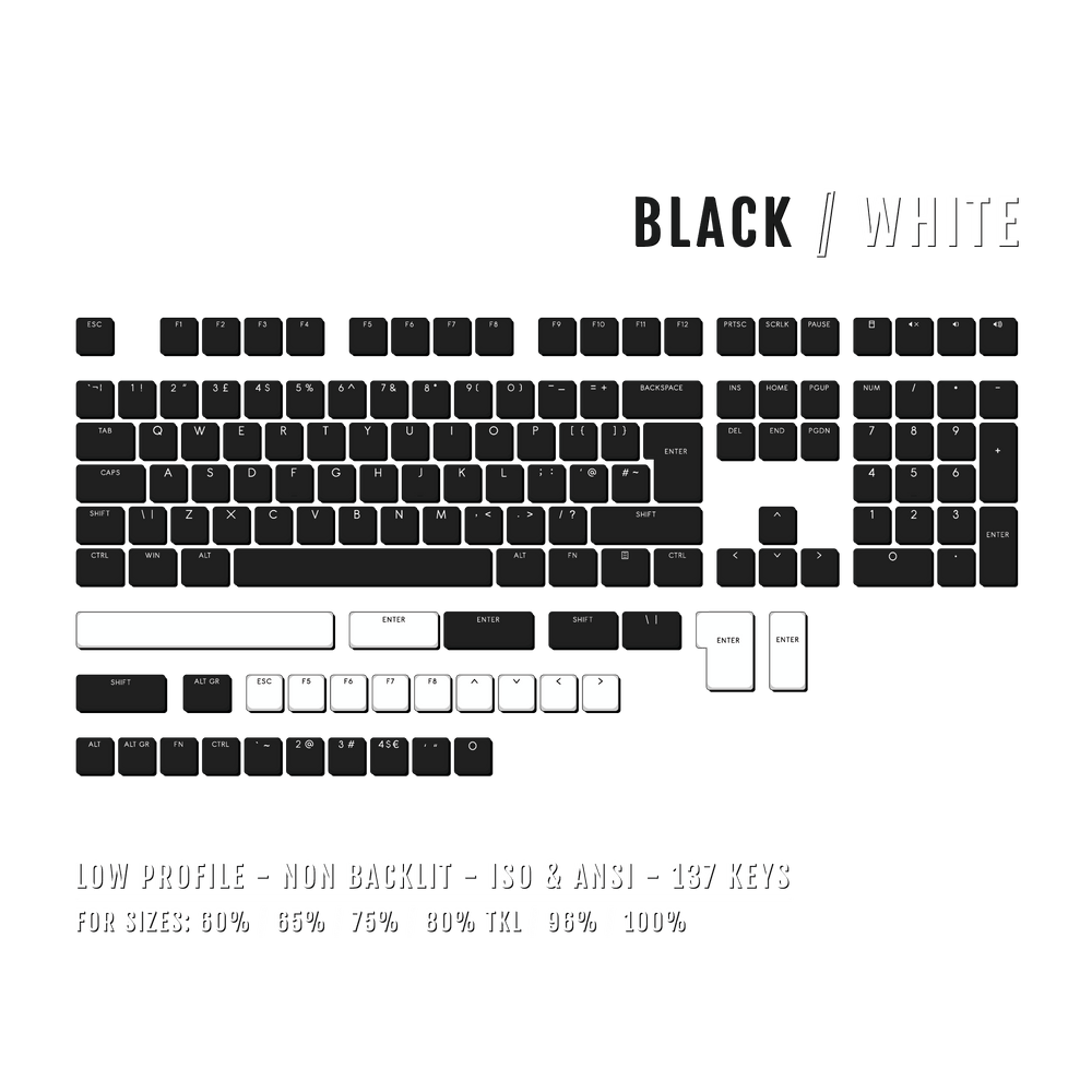 Black/White US & UK Low Profile PBT Keycaps Krome Keycaps LTD Non Backlit Low Profile