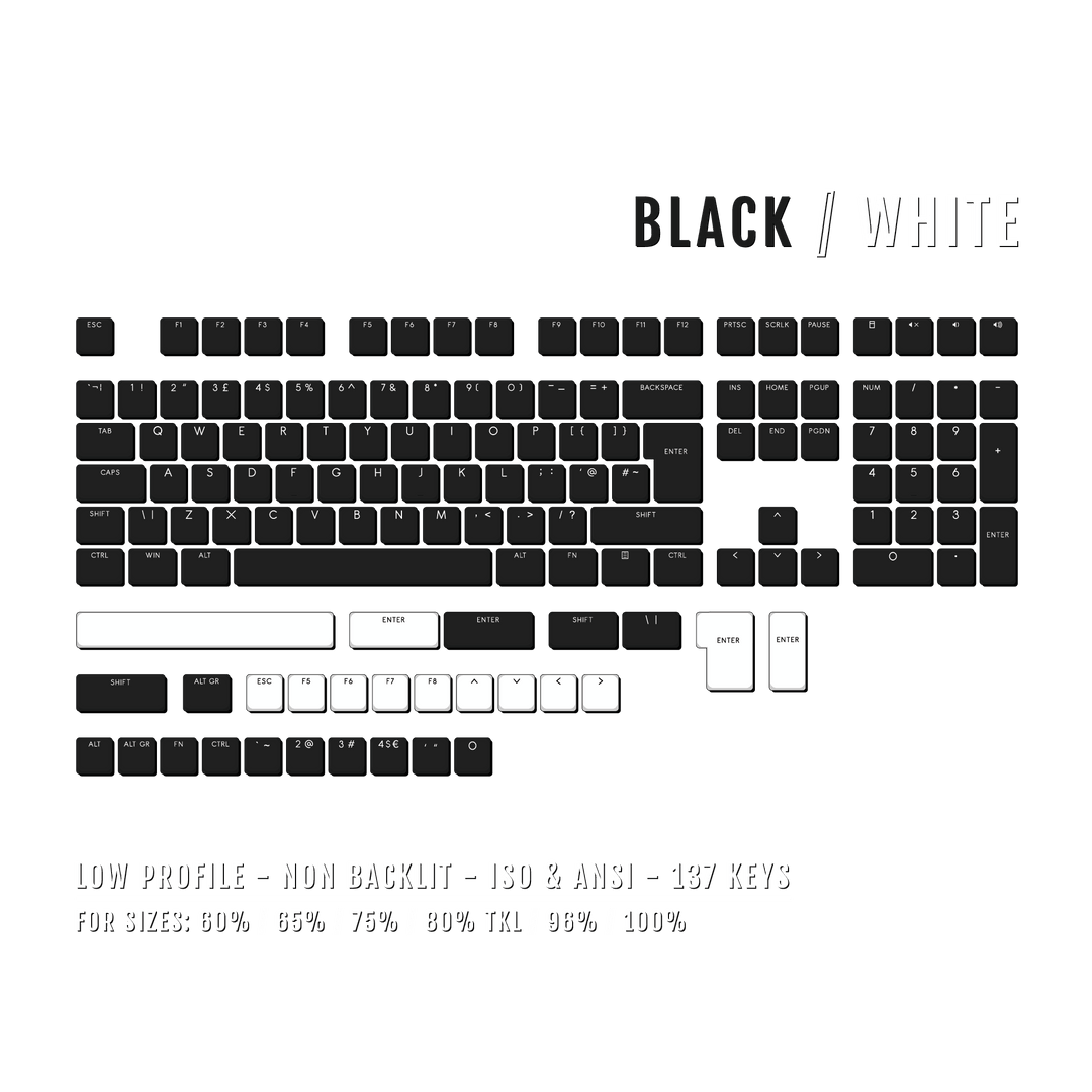 Black/White US & UK Low Profile PBT Keycaps Krome Keycaps LTD Non Backlit Low Profile