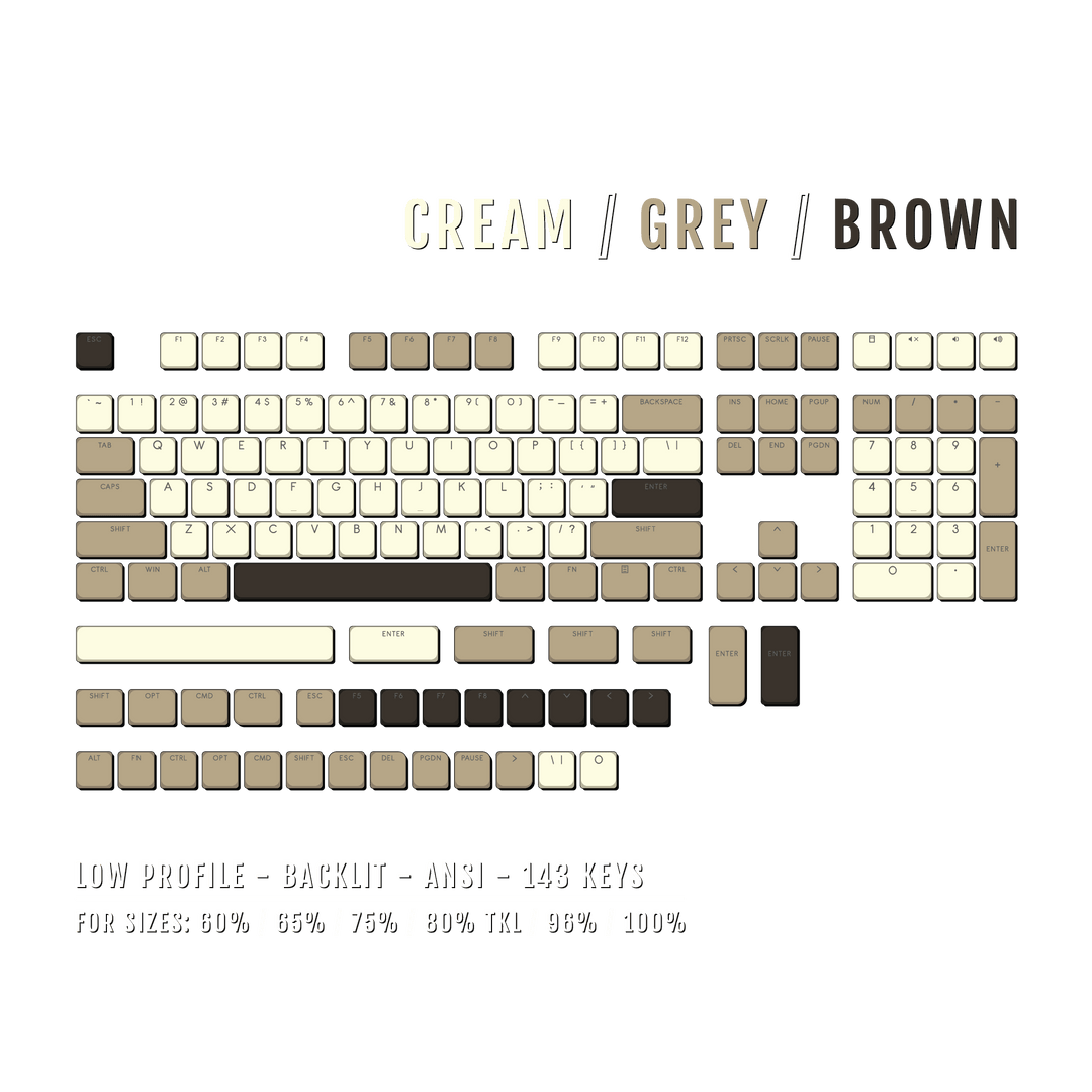 Cream/Grey/Brown Low Profile Backlit PBT Keycaps Krome Keycaps LTD Backlit Low Profile