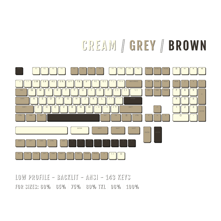Cream/Grey/Brown Low Profile Backlit PBT Keycaps Krome Keycaps LTD Backlit Low Profile