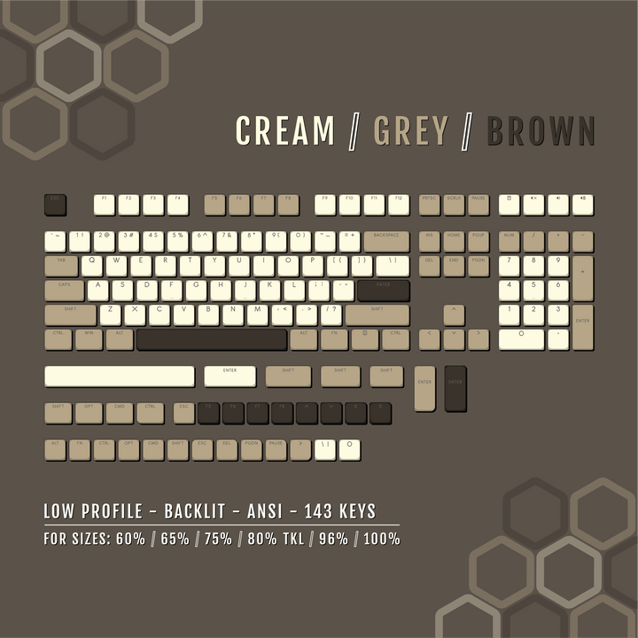 Cream/Grey/Brown Low Profile Backlit PBT Keycaps Krome Keycaps LTD Backlit Low Profile