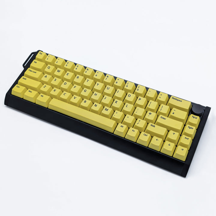 Side view of Customisable Yellow non-backlit QWERTY PBT keycaps with black legends on a mechanical keyboard, featuring OEM profile keys.
