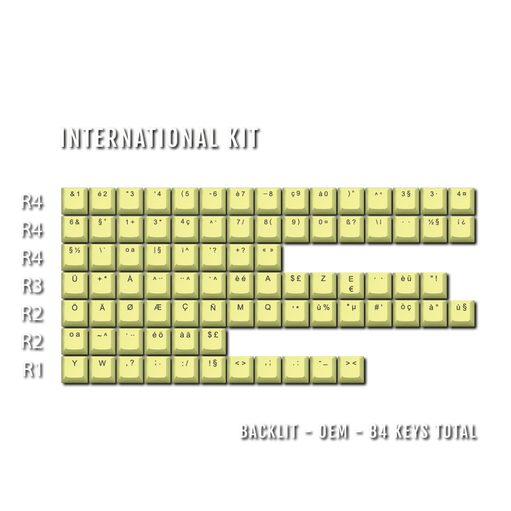 Yellow International ABS Keycap Conversion Kit Krome Keycaps LTD danish, french, german, italian, norwegian, portuguese, spanish, swedish, swiss