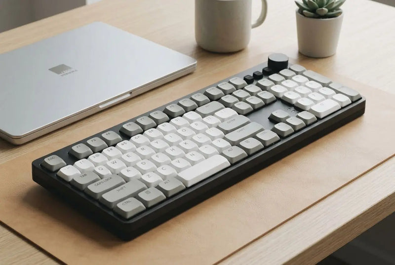 Best low profile keycaps on a compact mechanical keyboard with gray and white keycaps, placed on a wooden desk beside a laptop and small plants.
