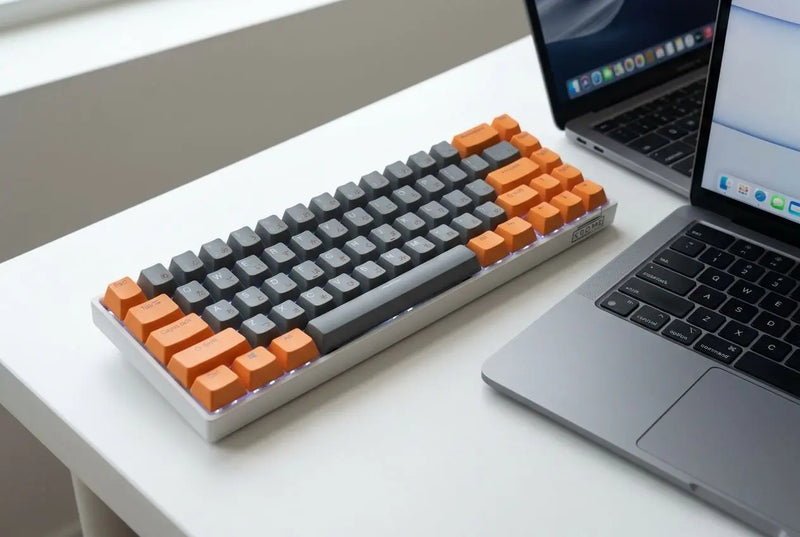 Close-up of a compact mechanical keyboard with gray and orange keycaps next to a MacBook, themed for mac compatibility. Best mac keycaps mechanical keyboard.