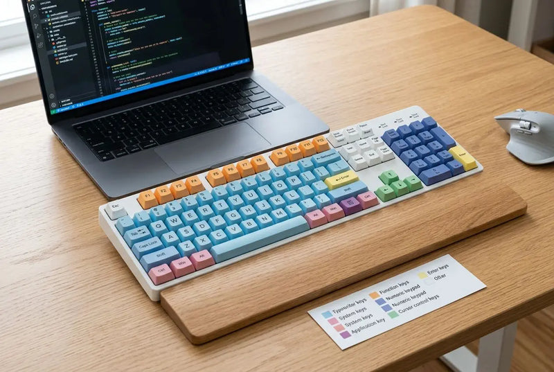 Colorful mechanical keyboard with labeled keycaps on a wooden wrist rest, connected to a laptop showing code. keyboard layout for programming theme.