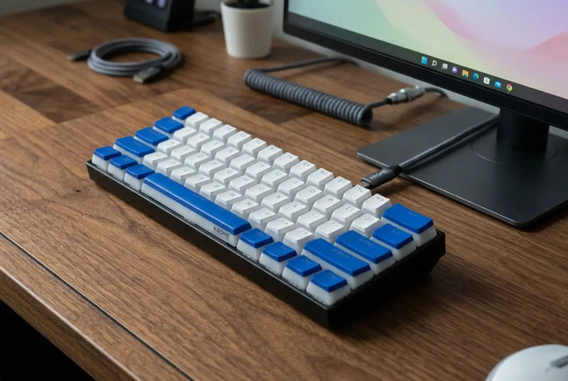 Compact mechanical keyboard with blue and white pudding keycaps on a wooden desk, connected to a monitor. pudding keycaps compatibility.