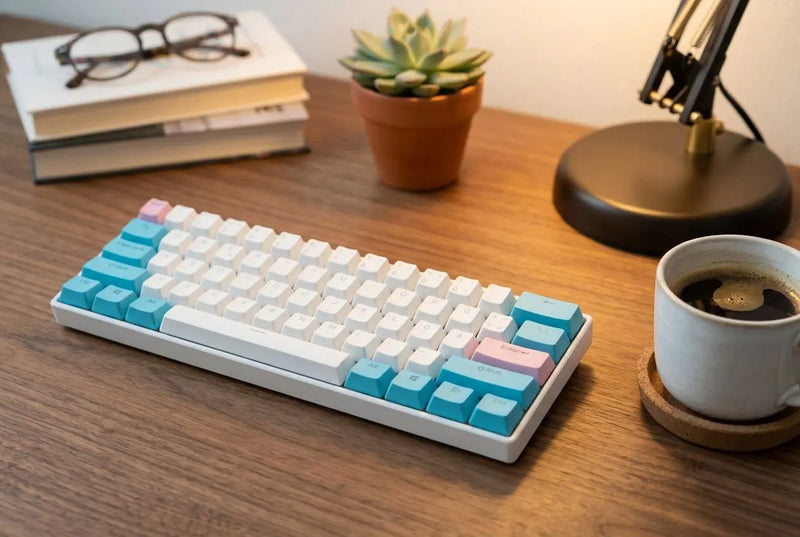 A compact mechanical keyboard with pastel blue, pink, and white arabic mechanical keyboard keycaps on a wooden desk.