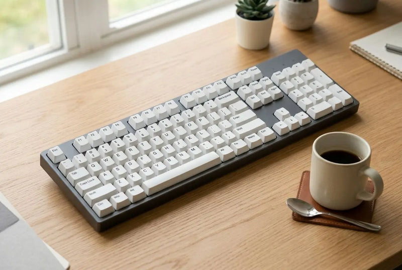Desk with a grey and white keyboard on a wooden surface, near a cup of coffee; a natural fit for dye sublimated keycaps fade resistant.